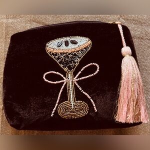 Brown velvet Seed-Beaded Expresso Martini cosmetic case or clutch. Perfect gift!